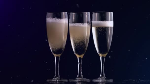 Animation Confetti Falling Three Glasses Champagne Black Background Celebration Party — Stock Video