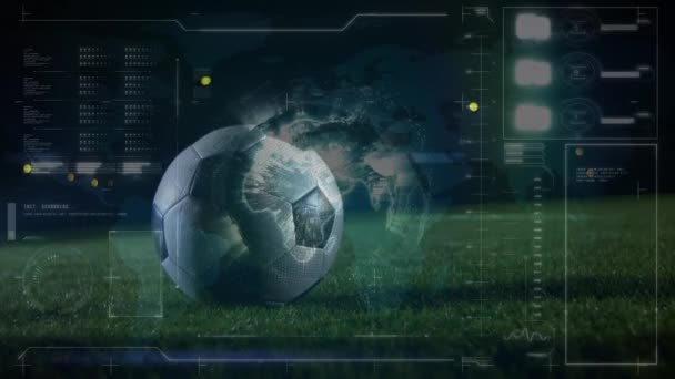 Animație Glob Prelucrarea Datelor Peste Jucător Fotbal Sport Global Interfață — Videoclip de stoc