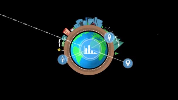 Animação Rede Conexões Com Ícones Globo Fundo Preto Negócio Global — Vídeo de Stock