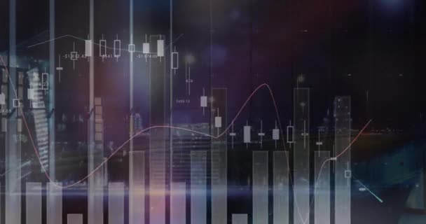Анимация Обработки Финансовых Данных Над Городским Пейзажем Глобальный Бизнес Обработка — стоковое видео