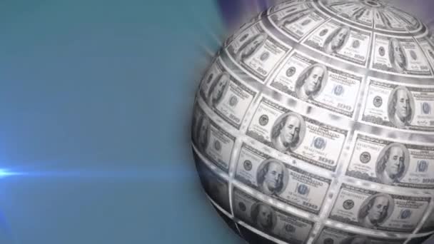 Анимация Вращающегося Глобуса Долларовых Купюр Движущегося Света Сером Фоне Глобальные — стоковое видео