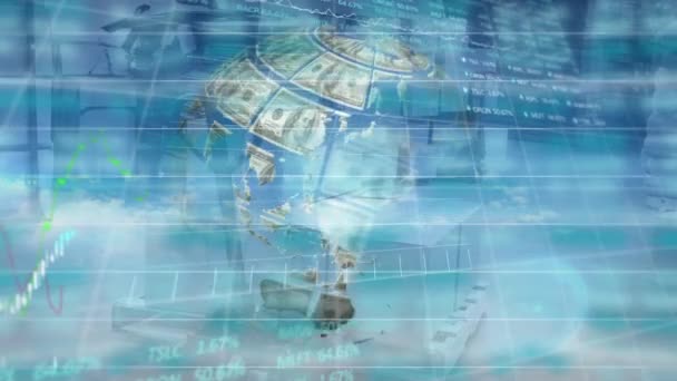用美元构成的全球金融数据处理动画 全球商业 数字接口 技术和网络概念 — 图库视频影像