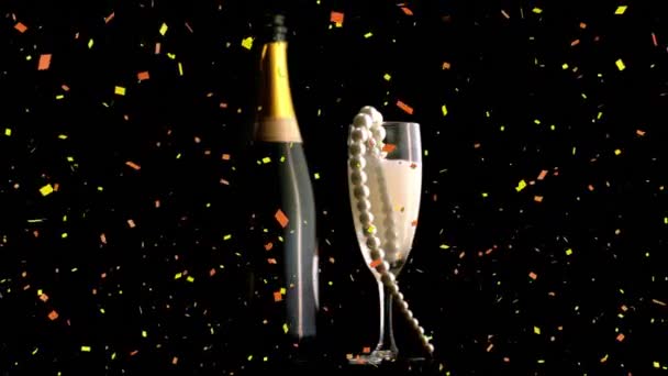 Animatie Van Confetti Vallen Champagne Fles Glas Met Parel Ketting — Stockvideo