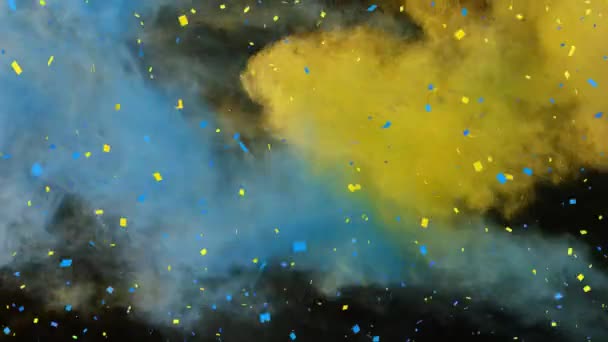 Animazione Coriandoli Blu Gialli Polvere Colorata Che Cade Fondo Nero — Video Stock