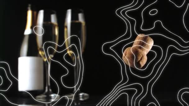 Анимация Белых Линий Бутылка Шампанского Два Бокала Шампанского Падение Пробки — стоковое видео