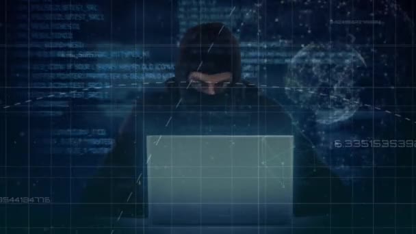 Animación Datos Procesamiento Información Través Hacker Enmascarado Utilizando Ordenador Portátil — Vídeo de stock