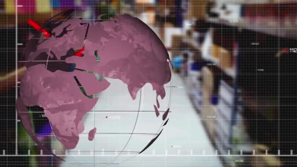 Анимация Земного Шара Красной Линии Над Складом Глобальное Судоходство Бизнес — стоковое видео