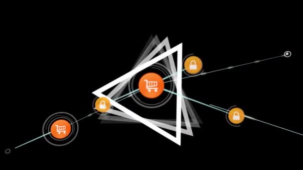 黒の背景にアイコンや三角形との接続のネットワークのアニメーション 世界的なビジネス デジタルインターフェース テクノロジー ネットワーキングの概念がデジタルで生成されたビデオ — ストック動画