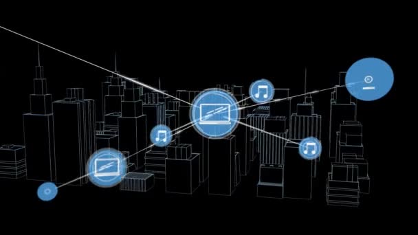 Animation Network Connections Icons City Drawing Black Background Global Business — Stock Video