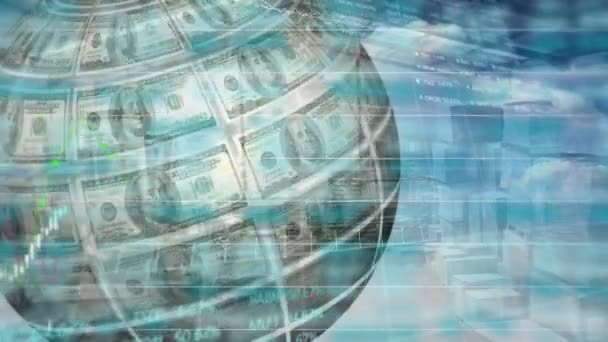 Animation Der Finanzdatenverarbeitung Mit Globus Der Mit Amerikanischen Dollars Geformt — Stockvideo