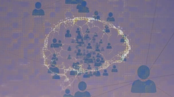 蓝色背景下的人脑动画和连接网络 全球数字接口 技术和网络概念 — 图库视频影像
