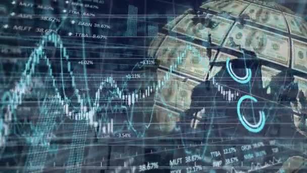 Animação Processamento Dados Financeiros Com Globo Formado Com Dólares Americanos — Vídeo de Stock