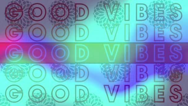 Animación Buenas Vibraciones Texto Repetidas Negro Sobre Fondo Borroso Azul — Vídeos de Stock