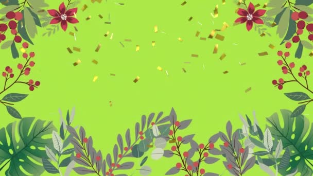 Анимация Золотых Конфетти Падающих Цветочную Лиственную Границу Зеленом Фоне Праздник — стоковое видео