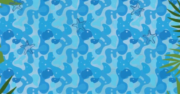 Animering Rader Upprepade Sjöstjärnor Faller Blå Vatten Mönster Bakgrund Vilddjur — Stockvideo