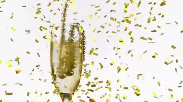 Animatie Van Confetti Vallen Parelsnoer Champagne Glas Wereldwijde Viering Nieuwjaarsavond — Stockvideo