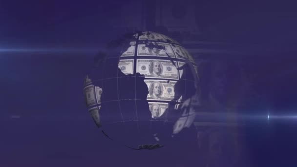 Animation Globe Rotatif Billets Dollar Lumières Mobiles Sur Fond Sombre — Video