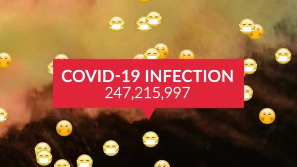 Animación Infección Covid Texto Con Número Creciente Caída Emojis Polvo — Vídeos de Stock