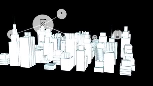 Animace Sítě Připojení Ikonami Nad Město Kreslení Černém Pozadí Globální — Stock video