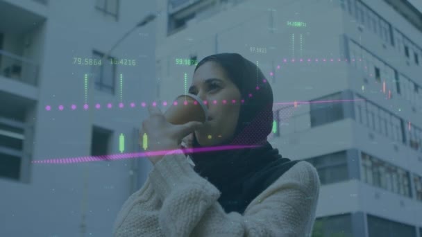 Animación Del Procesamiento Datos Financieros Sobre Mujer Hijab Utilizando Teléfono — Vídeos de Stock