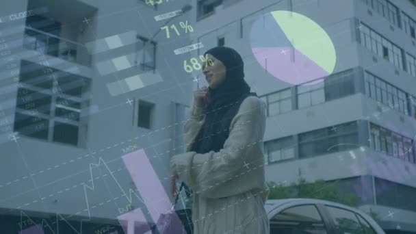 Animación Estadísticas Procesamiento Datos Sobre Mujer Hijab Utilizando Smartphone Procesamiento — Vídeo de stock