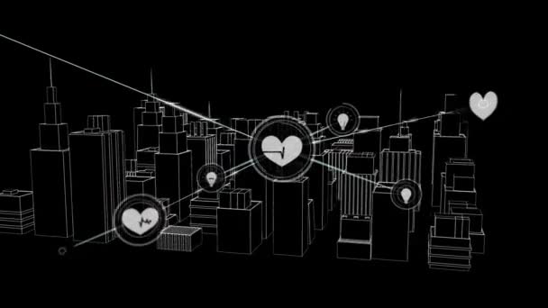 Animazione Rete Connessioni Con Icone Sopra Città Disegno Sfondo Nero — Video Stock