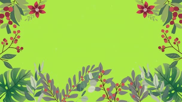 花や葉のアニメーションは 緑の背景に 雪の降る境界線 パーティーのお祝いは コピースペース デジタル生成されたアニメーションとテンプレートのデザインコンセプトを招待 — ストック動画