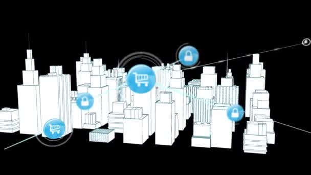 Animação Rede Conexões Com Ícones Sobre Desenho Cidade Negócio Global — Vídeo de Stock