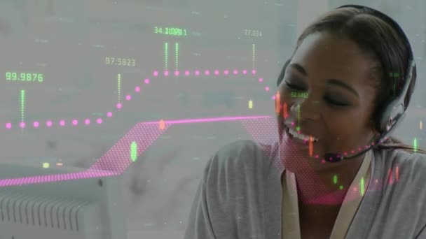Animation Data Processing Businesswoman Using Phone Headset Global Communication Business — Stock Video