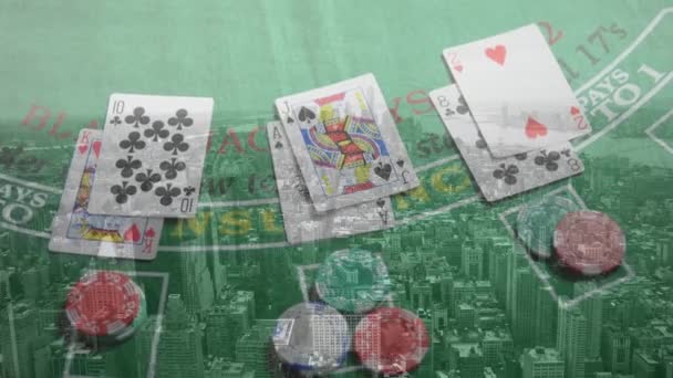 Animación Casino Jugando Las Cartas Fichas Sobre Paisaje Urbano Juegos — Vídeos de Stock