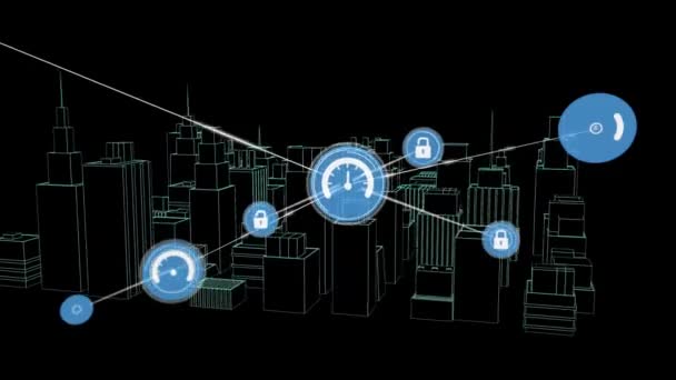Анімація Мережі Язків Іконками Над Міським Малюнком Чорному Тлі Глобальний — стокове відео