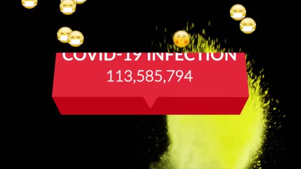 Animation Text Covid Infektion Med Stigande Antal Fallande Emojis Och — Stockvideo