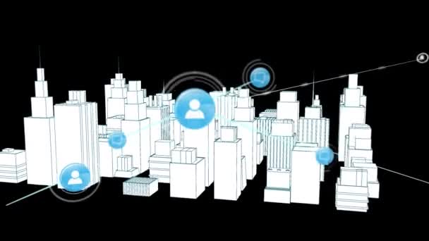 Анимация Сети Соединений Иконками Над Чертежем Города Глобальный Бизнес Цифровой — стоковое видео