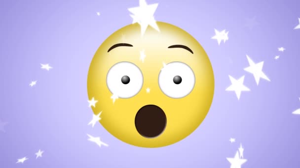 Animazione Stelle Bianche Che Cadono Emoji Sorpreso Sfondo Viola Pallido — Video Stock