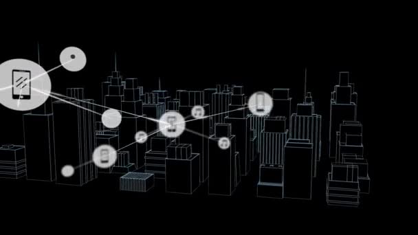 黒の背景に描かれた3D都市上のアイコンとの接続のネットワークのアニメーション 世界的なビジネス デジタルインターフェース テクノロジー ネットワーキングの概念がデジタルで生成されたビデオ — ストック動画