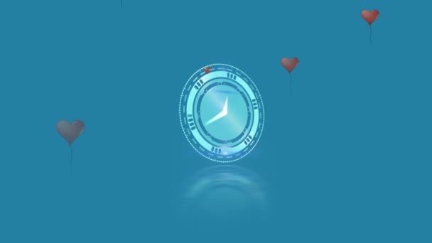 Animación Reloj Azul Con Globos Grises Cayendo Sobre Fondo Azul — Vídeos de Stock