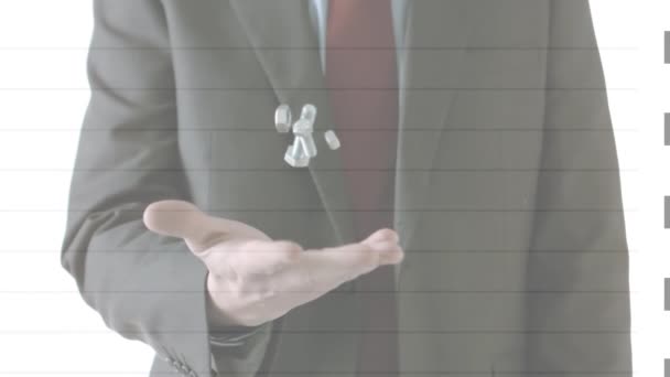 Анимация Управляемых Линий Над Бизнесменом Бросающим Ловящим Гайки Болты Белом — стоковое видео