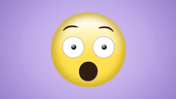 Animação Confetes Vermelhos Sobrevoando Emoji Surpreso Fundo Roxo Pálido Conceito — Vídeo de Stock