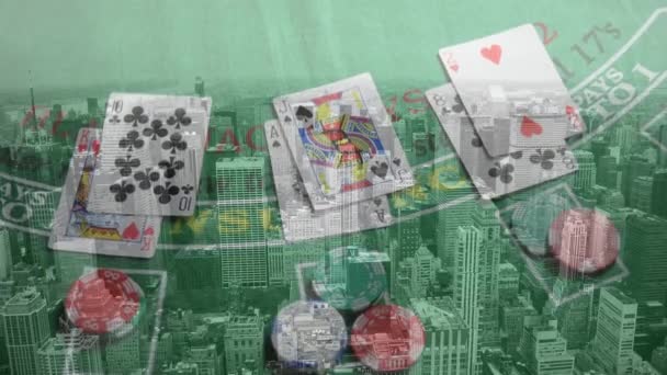 Animation Playing Cards Chips Board Cityscape Gambling Entertainment Playing Concept — Stock Video