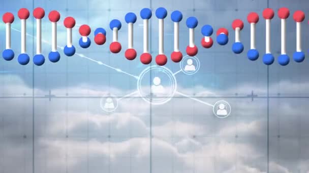 Анімація Моделі Потоку Dna Над Мережею Іконок Людей Блакитному Небі — стокове відео