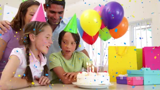 Animação Confetes Caindo Sobre Família Divertindo Festa Aniversário Conceito Infância — Vídeo de Stock