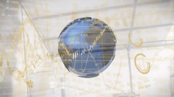 Animatie Van Financiële Gegevensverwerking Met Globe Mondiaal Business Digitale Interface — Stockvideo