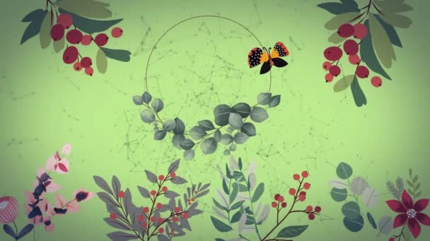 Animación Flores Bayas Follaje Mariposa Través Red Conexiones Verde Naturaleza — Vídeo de stock