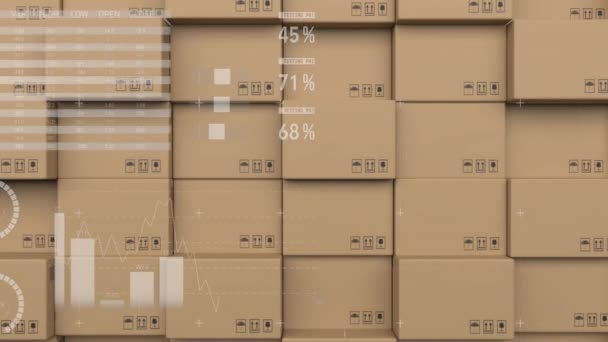 Animación Del Procesamiento Estadístico Sobre Pila Cajas Envío Global Interfaz — Vídeo de stock