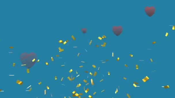 Animatie Van Gouden Confetti Grijze Harten Vallen Blauwe Achtergrond Valentijnsdag — Stockvideo