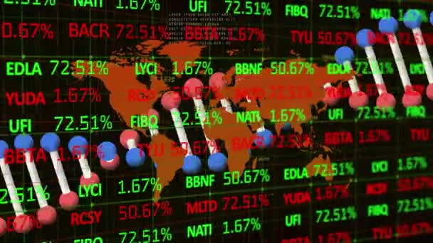 Animación Interfaz Stock Financiero Sobre Mapa Del Mundo Hebra Adn — Vídeos de Stock