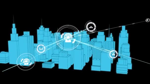 Анімація Мережі Язків Піктограмами Над Міським Малюнком Глобальний Бізнес Цифровий — стокове відео