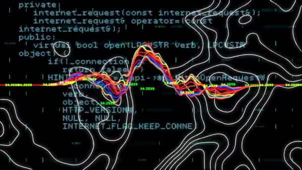 Animatie Van Topografische Kaarten Kleurrijke Grafieken Gegevensverwerking Zwart Mondiaal Communicatie — Stockvideo