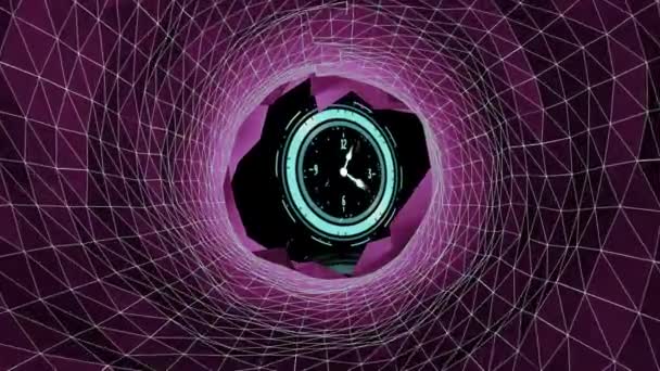 Animación Motas Blancas Voladoras Sobre Reloj Con Manecillas Giratorias Túnel — Vídeos de Stock