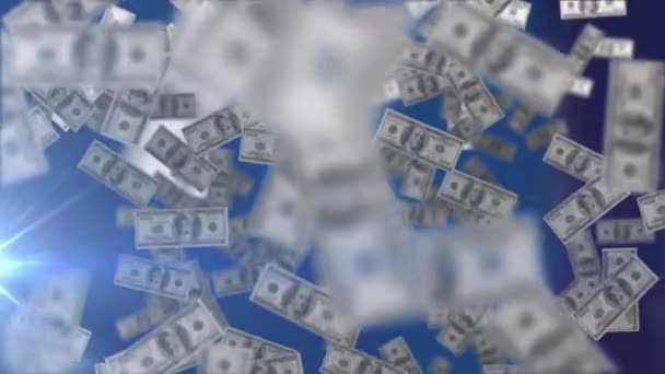 Animação Notas Dólar Subindo Com Holofotes Fundo Azul Escuro Conceito — Vídeo de Stock